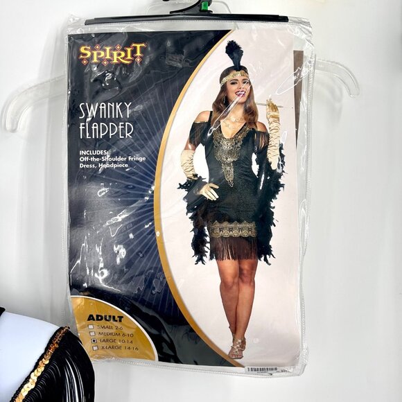 SPIRIT SWANKY FLAPPER GOLD BLACK DRESS & SEQUIN FEATHR HEADBND HALLOWEEN COSTUME - Picture 4 of 7